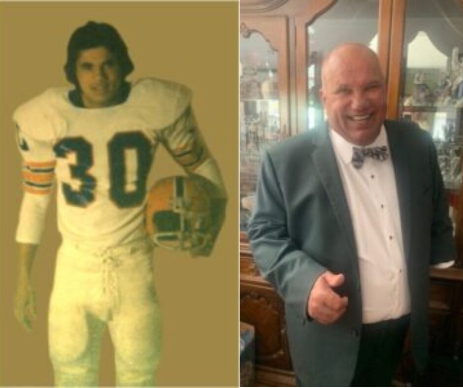 Bill as a young man in a football uniform, and Bill today, wearing a suit.