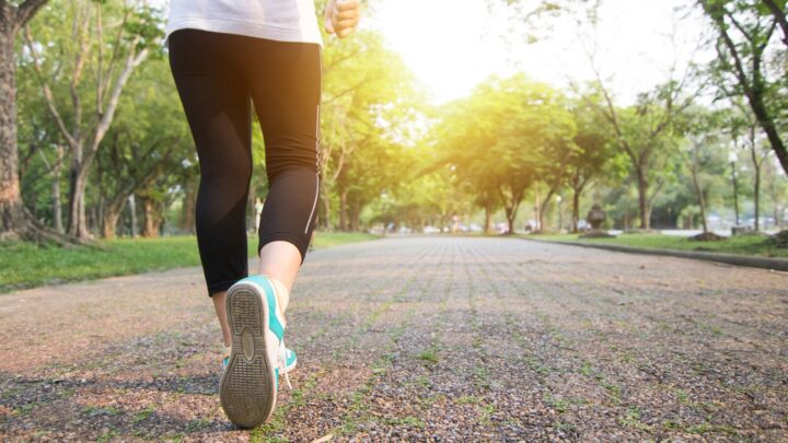 Coureur en survêtement sur une route bordée d’arbres.