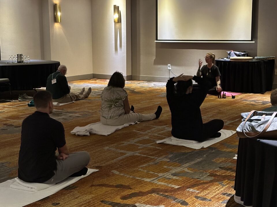 A group of participants take a yoga class together.